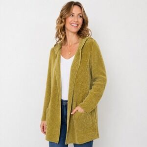 Soft Surroundings Cardigan Women L Green Hooded Chenille Ribbed Open Front Cozy